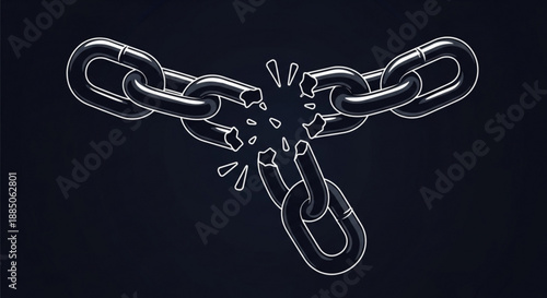 Broken chain links shattering apart on dark background symbolizing freedom and release