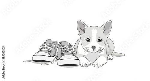 A cute puppy lies next to a pair of sneakers, resting peacefully in a charming vector illustration.