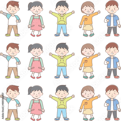 春の服を着た笑顔の子供たちのセット　全身