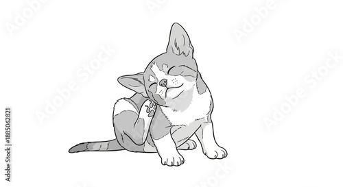 A cute puppy sits and scratches itself, indicating an itch or discomfort in a realistic colored illustration.