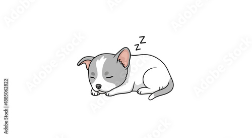 A cute puppy peacefully sleeps curled up, with zzz symbols indicating rest in a vector illustration.