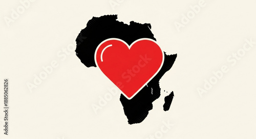 Africa continent map with red heart symbol on beige background representing love and care for the region