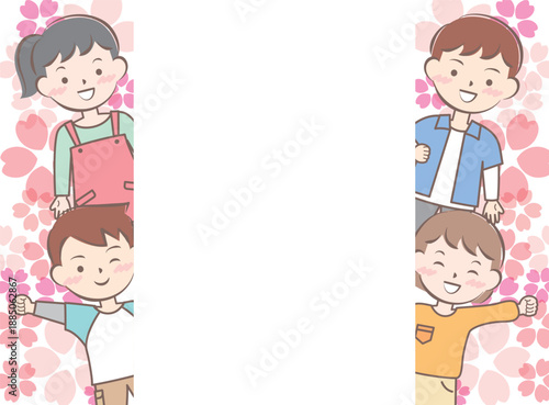 桜と私服の子供たちのフレーム　笑顔　