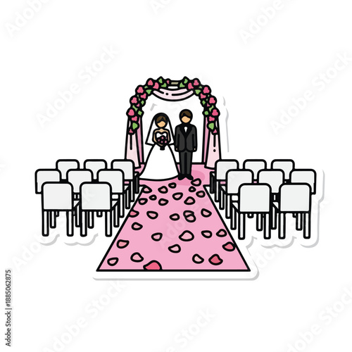 A cartoon wedding scene with a pink aisle