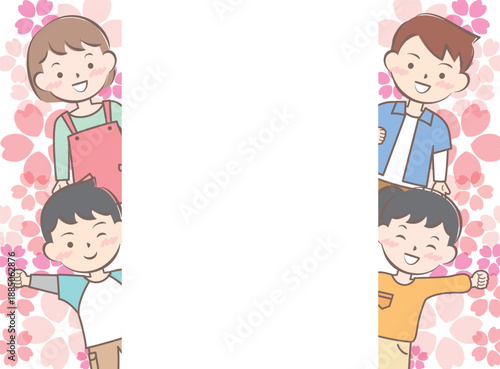 桜と私服の子供たちのフレーム　笑顔　