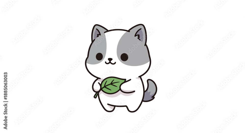 Fototapeta premium Adorable cartoon kitten standing, holding green leaf vector illustration.