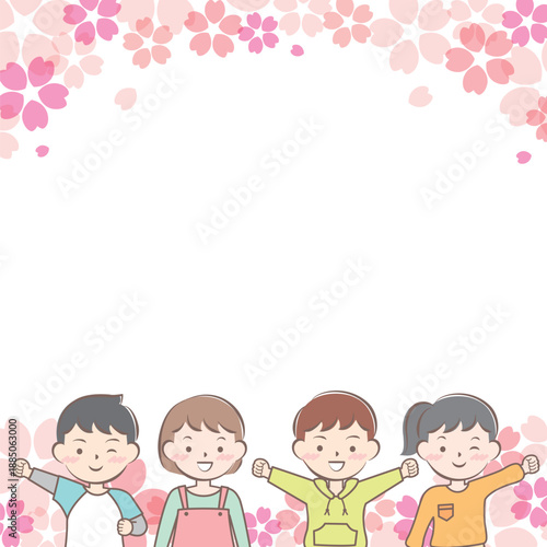 桜と私服の子供たちのフレーム　笑顔　