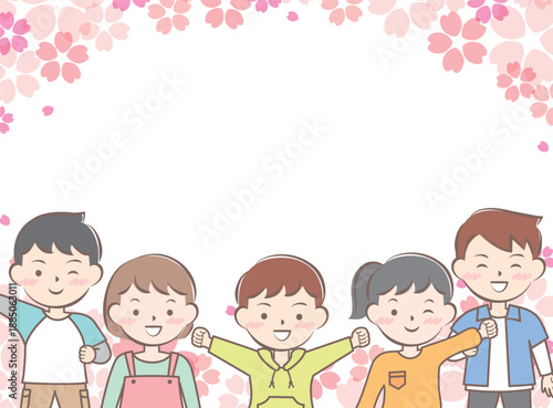 桜と私服の子供たちのフレーム　笑顔　