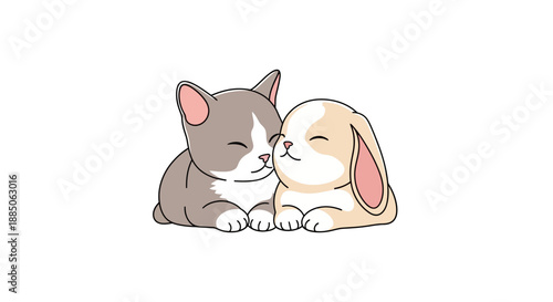 Adorable kitten and bunny cuddling closely, showing affection in a sweet colored illustration.