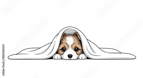 Adorable puppy character peeking out from under a soft white blanket illustration.