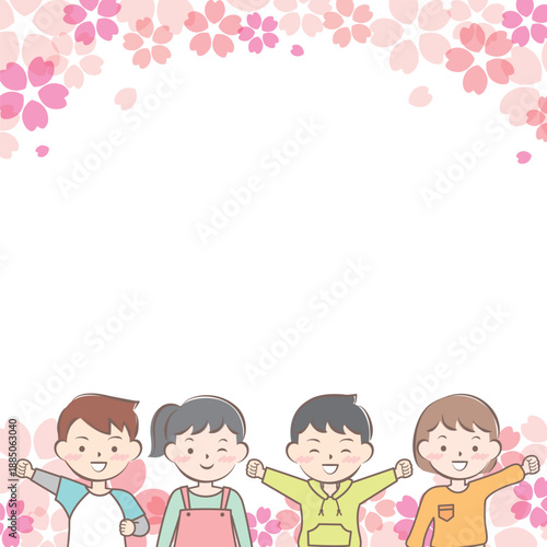 桜と私服の子供たちのフレーム　笑顔　