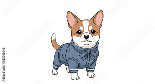Adorable puppy character standing, wearing a stylish blue sweater with a bow illustration.