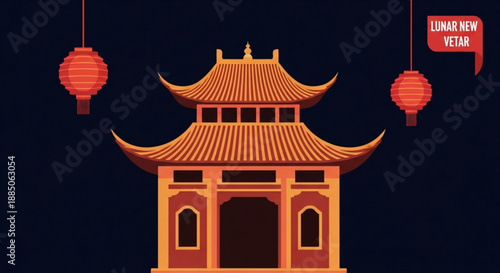Chinese temple gate with red lanterns and lunar new year banner on dark background symbolizing celebration and festivity