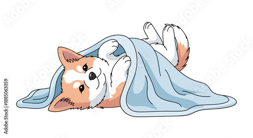Adorable puppy lying on its back covered by a blue blanket in a playful flat colored illustration.