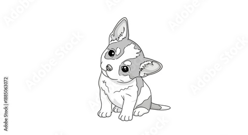 Adorable puppy with large ears, tilting its head curiously in a detailed monochrome line art illustration.