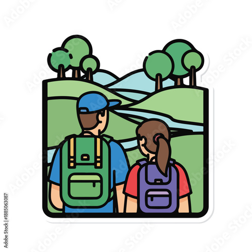 A cartoon illustration of a man and a woman hiking