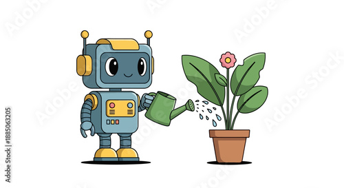 Blue robot character watering a potted plant with a green watering can, in a charming vector illustration.