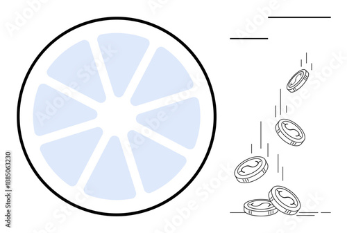 Economic growth, financial strategies, wealth distribution, market development, investments, budgeting concepts. A segmented wheel shape and falling coins. Economic growth and financial strategies