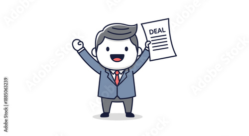 Businessman celebrating a successful deal, holding up a document in a colored illustration.