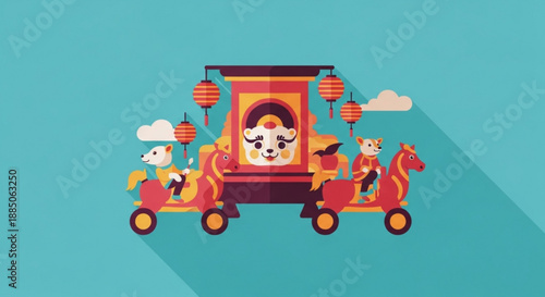 Vibrant cartoon dragon dance performance with lion and horse chinese new year celebration cultural festival traditional dance lion dance festive background