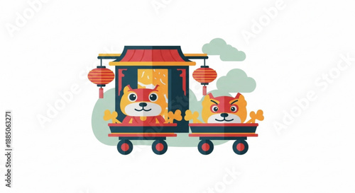 Two cartoon dogs riding on a colorful train with lanterns conveying joy and travel in a festive atmosphere with smoke and clouds
