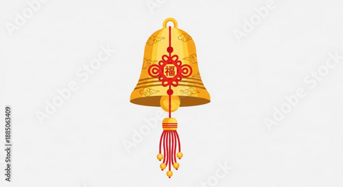 Golden chinese temple bell with red ornaments and tassel hanging on white background for asian cultural symbolism