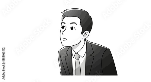 Businessman looking upwards with a thoughtful expression in a monochrome illustration.