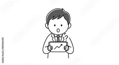 Businessman looking surprised while holding a tablet with a rising chart and question mark.