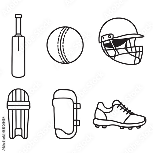 Cricket equipment icons including bat ball helmet and protective gear