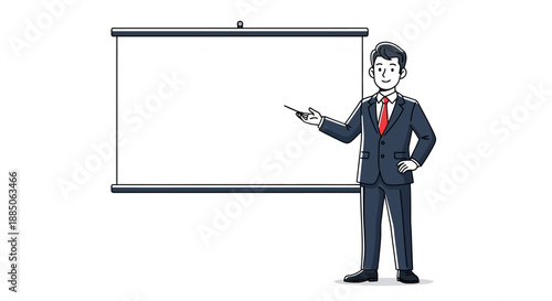 Businessman presenting with a pointer next to a blank projector screen in a modern colored illustration.