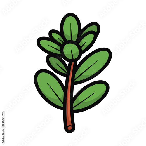 A cartoonish green plant with rounded leaves and a brown stem
