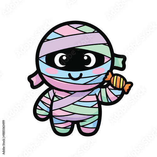 A cartoon mummy with pastel bandages holds candy