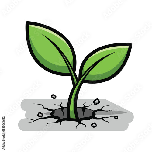 A cartoonish green sprout emerging from cracked gray soil