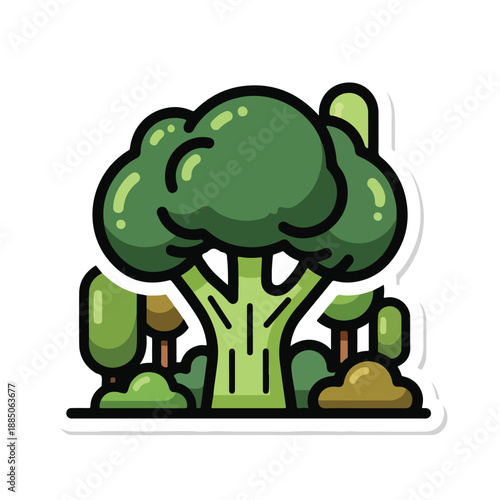 A cartoonish green tree with a thick trunk and foliage