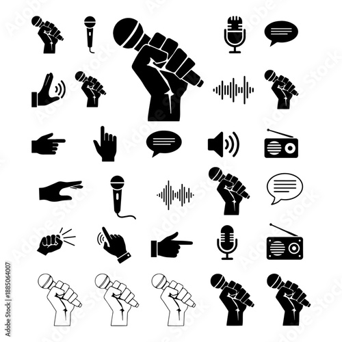 Hand Holding Microphone and Sound Wave Silhouette Pack
 Professional Mic with Hand Gestures and Audio Signal Silhouettes
Podcast and Broadcasting Silhouette Collection for Media Design