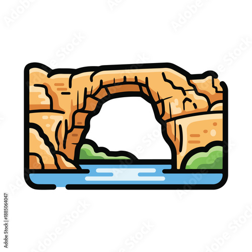 A cartoon illustration of a rocky arch over water