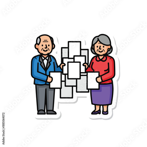 A cartoon of elderly couple holding papers