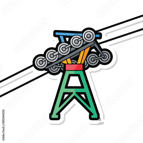 A cartoonish illustration of a green metal tower supporting a cable car system