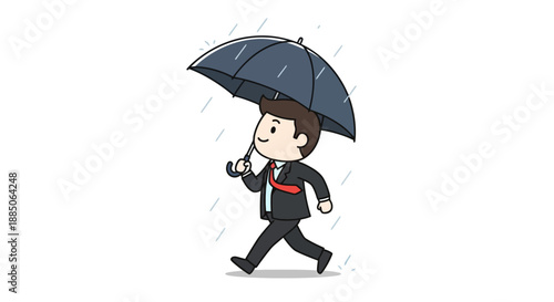 Cartoon businessman walking in rain, holding umbrella for weather protection illustration.