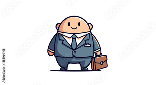 Cute businessman character standing and holding a brown briefcase in a simple flat colored illustration.