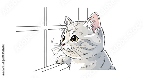 Curious white kitten character looking out window, observing with interest vector illustration.