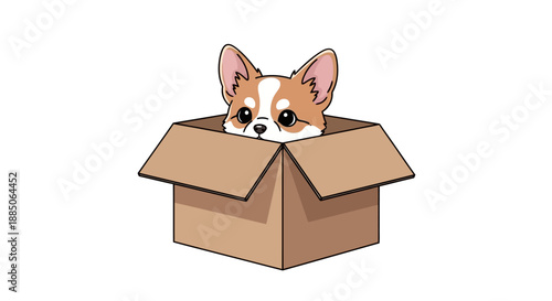Cute corgi puppy peeking out of a brown cardboard box in a vibrant colored illustration.