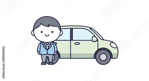 Cute businessman standing proudly next to a car in a colored illustration.