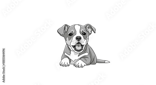 Cute puppy lying down happily, smiling at the viewer in a monochrome illustration.