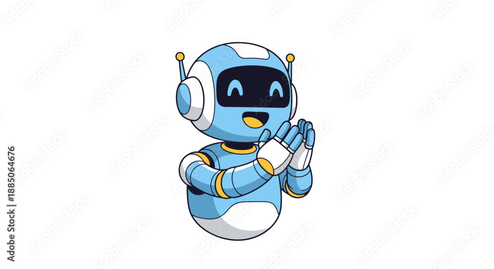 Obraz premium Enthusiastic blue robot character clapping hands, conveying approval and celebration, in a vibrant vector illustration.