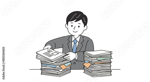 Diligent businessman sorting through large stacks of paperwork in a monochrome line art illustration.
