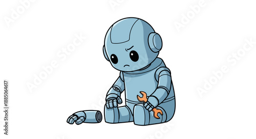 Distressed cartoon robot character sitting with detached arm and wrench, needing repair vector.