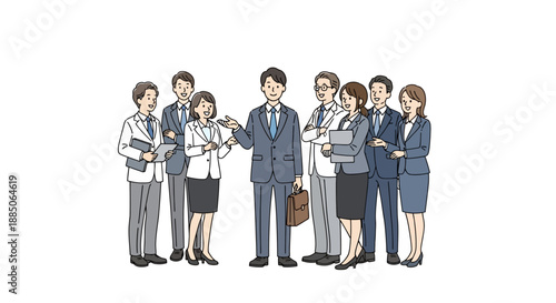 Diverse group of business people characters standing together, interacting in a professional setting illustration.