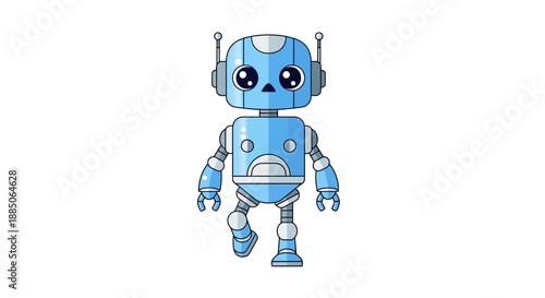 Disappointed blue robot character standing with a sad facial expression, in a cute vector illustration.