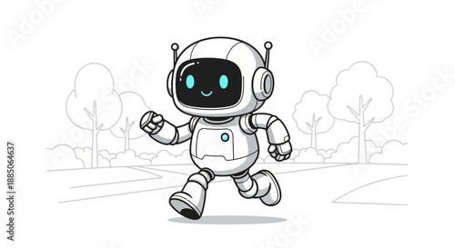 Dynamic white robot character running with a cheerful expression, symbolizing progress, in a vector illustration.